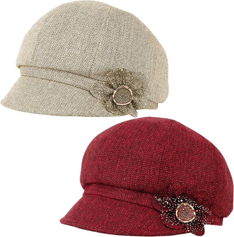 stablerice 2 Pcs Womens Newsboy Cap Women Retro Classic Visor Newsboy Cabbie Cap Beret Hats with Flower Buckle - Image 1